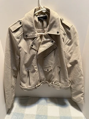 Love Tree Faux Leather Jacket Large Moto Biker Full Zip Ivory-Cropped - Image 1 of 4