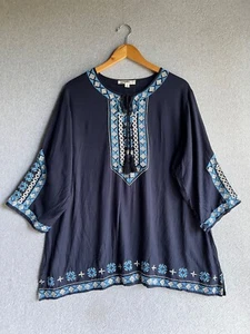 Solitaire Anthropologie Blouse Womens 2X Blue Embroidered Boho Peasant Hippie - Picture 1 of 10