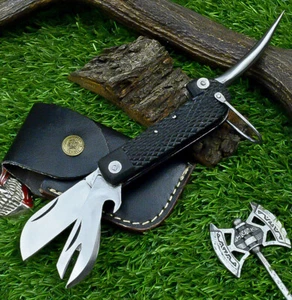 CUSTOM HANDMADE J2 Steel Blade Cable Pocket Folding Knife W/Leather Sheath 5883 - Picture 1 of 14
