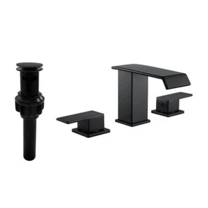 FLG Bathroom Faucet 8" Widespread Double Handle Waterfall Sink Basin Matte Black - Picture 1 of 7