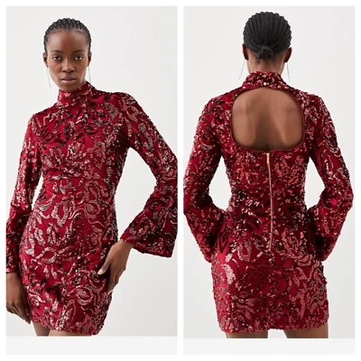 NWT KAREN MILLEN VELVET SEQUIN WOVEN T SHIRT DRESS SIZE US 8 RED New! - Image 1 of 4