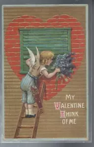 Postcard 781 My Valentine Think of Me Cupid on Ladder at Window w/ flowers #402 - Picture 1 of 2