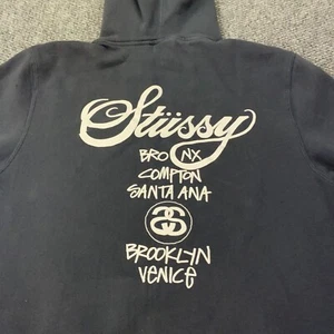 Stussy World Tour Logo Hoodie Mens XXL Faded Black Sweatshirt - Picture 1 of 8