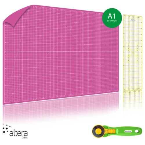 Schneidematte-Set A1 (60x90cm) Pink mit Rollschneider und Quiltruler 15x60cm
