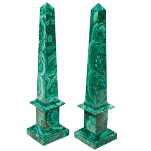 18 Inches Marble Obeslik with Malachite Stone Overlay  Work Set of 2 Pieces - Picture 1 of 2