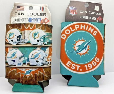 "MIAMI DOLPHINS CAN COOLER-KOOZIE NFL 12 OZ COLLAPSIBLE/2 SIDED SET OF 2" Cover