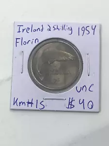 S12 - Ireland 2 Shilling/1 Florin 1954 Brilliant Unc. Copper-Nickel Coin Salmon - Picture 1 of 4