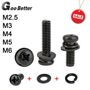 M2.5 M3 M4 M5 M6 Pan Head Screws Bolts + Spring Washers + Washers Phillips Black - Picture 1 of 10