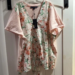 Tommy Hilfiger Women's Pink Floral Short Sleeve Top Plus Size 2x Knit Tie Waist - Picture 1 of 13