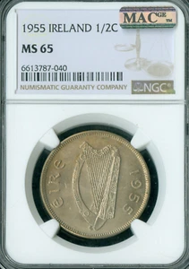 1955 IRELAND  HALF CROWN NGC MS65 PQ 2ND FINEST GRADE MAC SPOTLESS * - Picture 1 of 2