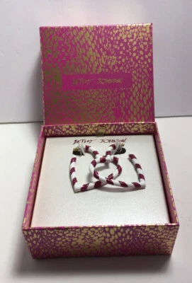 BETSEY JOHNSON PINK STRIPED HEART CANDY CANE HOOP EARRINGS NIB - Image 1 of 3