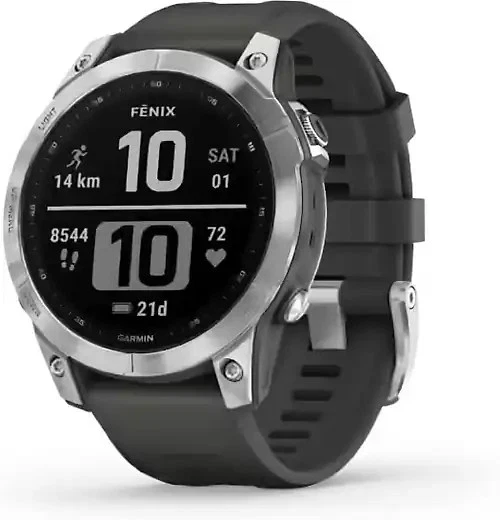 Garmin Fenix 7 47 mm silber am Silikonarmband graphit [Wi-Fi] - Bild 1 von 1