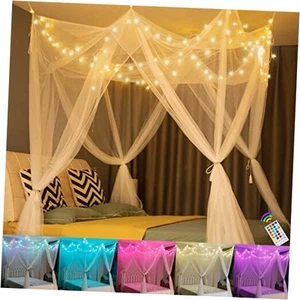 White Bed Canopy with 18 Colors Star Lights for Girls, 8 Corner Princess - Picture 1 of 8