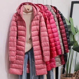 Women Winter Lightweight White Duck Down Long Puffer Jacket Hooded Slim Coat - Picture 1 of 19