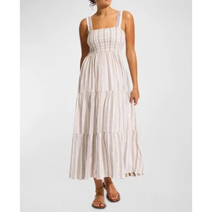 SEAFOLLY Isla Palm Tiered Organic Cotton Cover-up Midi Dress In Brown, size XS - Picture 1 of 10