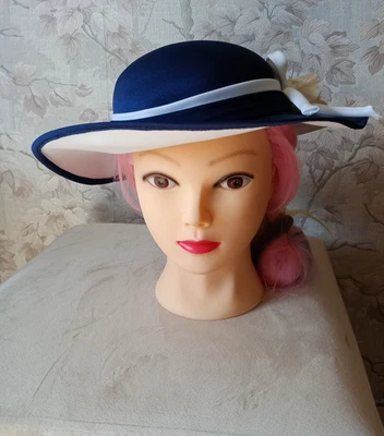 Vintage BERMONA TREND Navy hat with white flower trim Made in England - Image 1 of 4