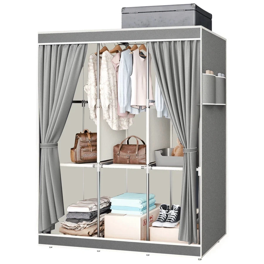 LARGE FABRIC CANVAS WARDROBE WITH CLOTHES HANGING RAIL SHELVING STORAGE CLOSET - Image 1 of 4
