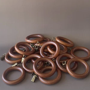 Lot 18 Solid Wood Round 2 3/4” Diameter Curtain Rings Brass Clips Warm Brown - Picture 1 of 8
