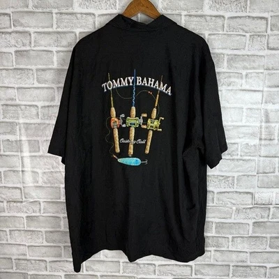 Tommy Bahama Casting Call Back Вышитая Черная Шелковая Гавайская Рубашка для Лагеря 2XL - Изображение 1 из 4