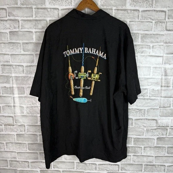 Tommy Bahama Casting Call Back Embroidered Black Silk Hawaiian Camp Shirt 2XL - Image 1 of 4