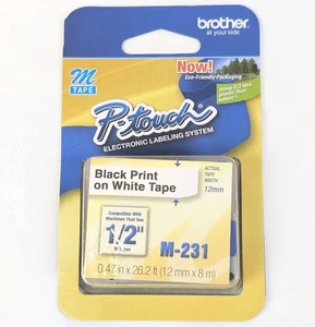 Brother P-Touch M-Tape 1/2 inch - Black Print on White Tape M-231 New in Box NIB - Picture 1 of 3