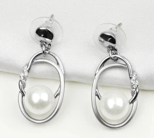 Orecchini donna pendenti acciaio argento perle perline con pietre dure swarovski - Foto 1 di 3