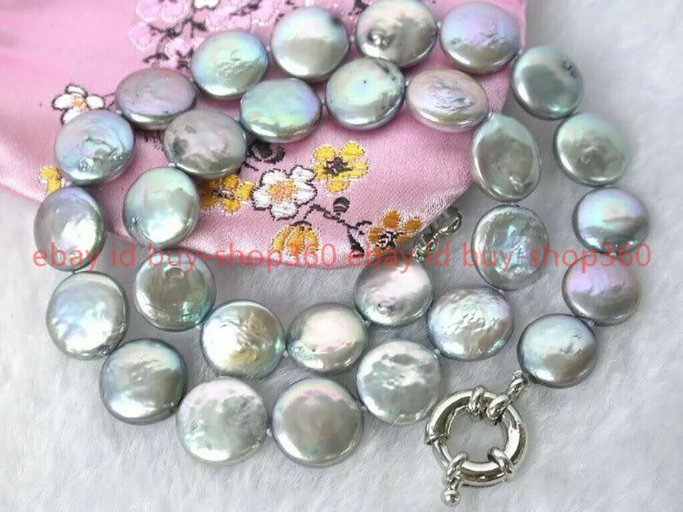 Genuine Natural Pearl 13-14MM Gray Coin Cultured Pearl Necklace 18 Inches - Image 1 of 4