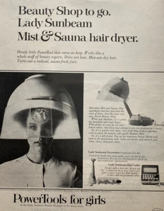 Anuncio impreso secador de pelo Sunbeam Mist & Sauna 1969 vintage - ¡Belleza sobre la marcha! - Imagen 1 de 4