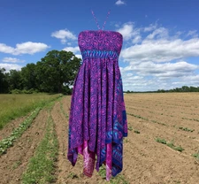 Women's Floral Halter Dress Beach Blue Pink Bohemian Recycled Summer Dresses S/M