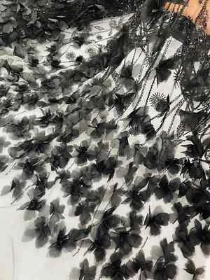 Tecido de miçangas preto 3D floral tecido borboleta por jarda, malha borboleta de luxo - Imagem 1 de 4