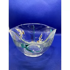 Vintage Mid-Century Modern Glass Bowl With Bird & Floral Design Triangular Shape - Picture 1 of 10