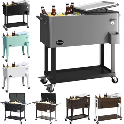 80QT Patio Garden Rolling Cooler Picnic Ice Chest Party Cooler Cart With Shelf - Image 1 of 4