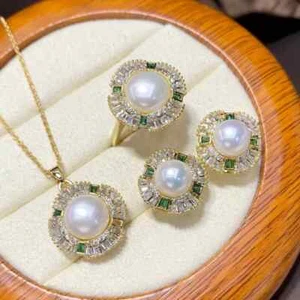 8.0Ct Round Natural White Pearl Pendant Earrings Ring Set 14K Yellow Gold Plated - Picture 1 of 7