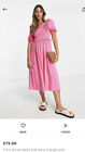 YAS At asos Shirred Detail Midi Dress Bright Pink (worn Once) Size Small 8-10