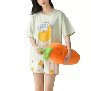 Women Cute Pajama Set Short Sleeve Crew Neck Shorts Summer Cartoon 2 Piece Pjs - Picture 1 of 92