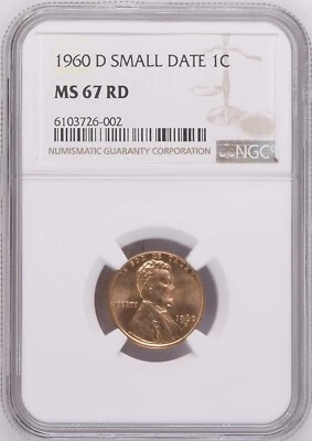 1960-D 1C RD Small Date Lincoln Memorial One Cent  NGC MS67RD    6103726-002 - Image 1 of 2