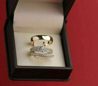 Его и ее VVS1 муассанит свадьбы свадебное трио кольцо комплект 14K желтое золото покрытием - Изображение 1 из 4