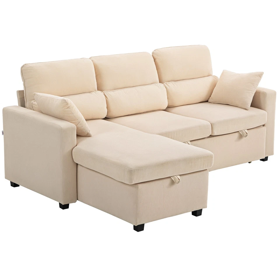 HOMCOM Divano Letto Angolare con Contenitore e 2 Cuscini in Velluto Coste Beige - Immagine 1 di 4
