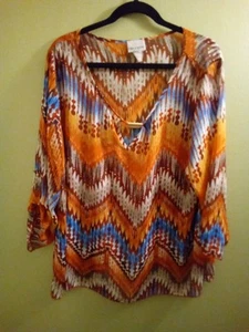 Womans 3X Caren Sport Multicolor Chevron Blouse Sheer Zigzag Lght Summer Relaxed - Picture 1 of 4