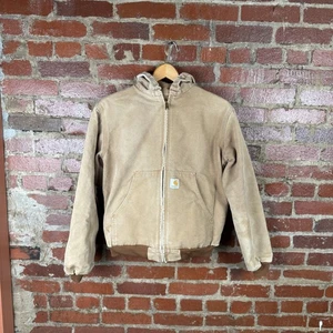 Carhartt Jacket Mens Small Tan Sandstone Duck Active Hooded Zip Thermal Lined - Picture 1 of 9
