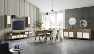 Wohnzimmer Anrichte mit Spiegel Garnitur Holz Braun Neu Modern Luxus - Bild 1 von 3