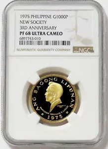 1975 GOLD PHILIPPINE 1000 PISO NEW SOCIETY ANNIVERSARY NGC PROOF 68 UC - Picture 1 of 2