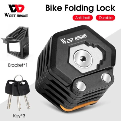 WEST BIKING Mini Foldable Bike Chain Lock Bicycle Lock Keys Bracket Black 78cm - Image 1 of 4