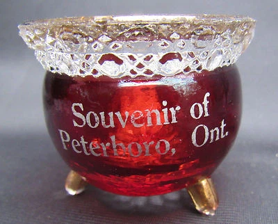 Ruby Stained EAPG Pattern Glass Souvenir Peterboro Ontario Footed Kettle  - Image 1 of 4