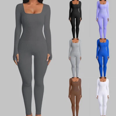 Damen Jumpsuit Sport Yoga Gym Fitness Bodysuit Trainingsanzug Overall Langarm DE - Bild 1 von 4