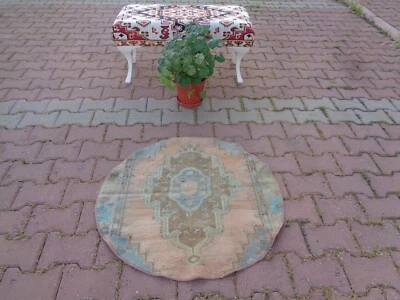 Small Round Rug, Vintage Circle Rug, Outdoor Rug, Pale Patio Carpet 80x82 c91 - Image 1 of 4