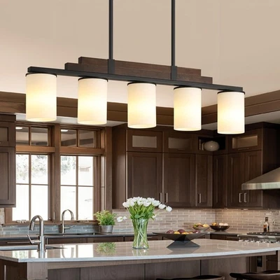 Iluminación de isla de cocina de madera de granja, araña ajustable de 5 luces para comedor... Foto 1 de 4