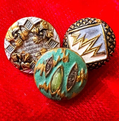"Lote de 3 botones antiguos de metal pintado únicos decorativos verdes pequeños 1/2"" Estate" Foto 1 de 4