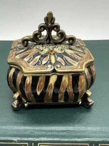 Nordstrom Enamel Trinket Box Zebra Print Fleur de Lis Lid Footed Amber Accents - Picture 1 of 12