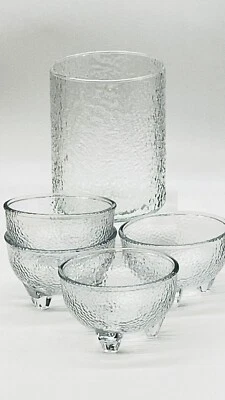 "4 cuencos de vidrio Crisa Libbey con guijarros/texturizados de 3 patas firmados y tarro abierto de guijarros de 6""" Foto 1 de 4